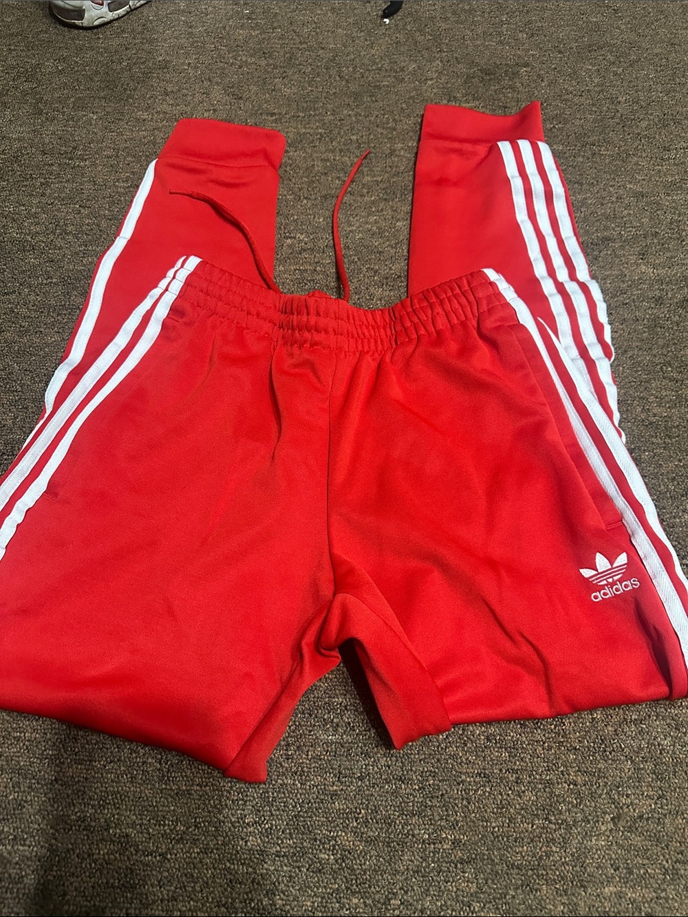 adidas Red Jogger Pants with White Stripes